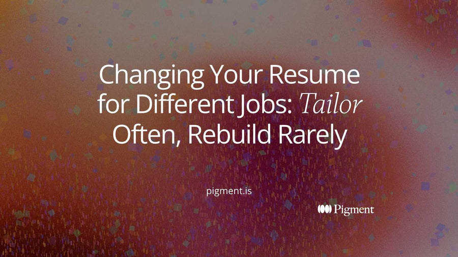 Abstract Pigment-style composition on cream: one large sheet with three smaller sheets fanned from it, one marked in violet, evoking changing your resume for different jobs from a single master.