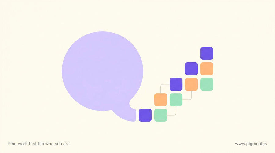 Abstract Pigment illustration of a soft lavender speech bubble resolving into a rising grid of violet, peach, and mint rounded squares, suggesting a ChatGPT chat becoming a scored career-test result.