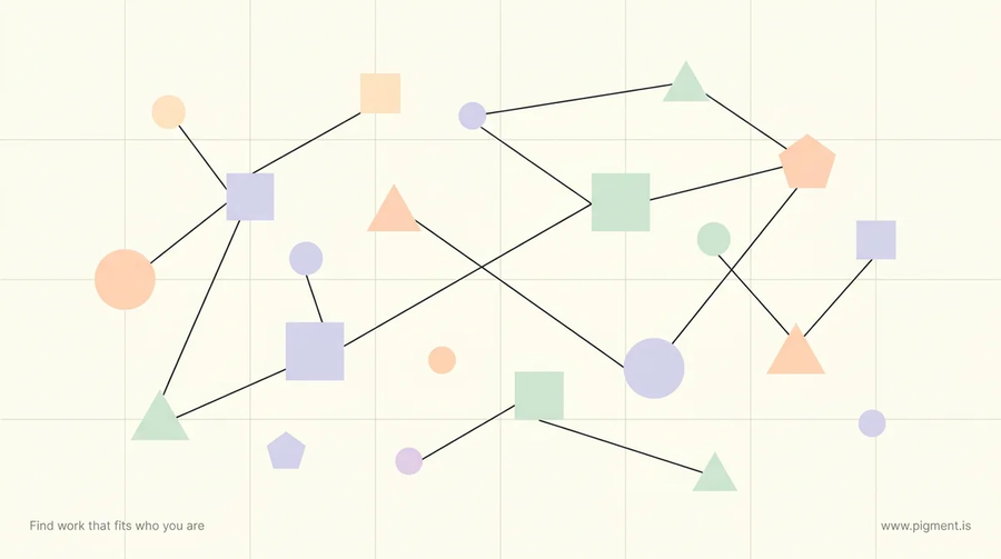 Abstract warm constellation of small peach, lavender, and mint geometric shapes linked by thin charcoal lines, suggesting the reasoning types the CIA aptitude test checks.