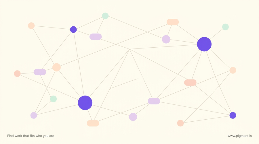 Abstract network of nodes and thin connecting lines in peach, lavender and mint on cream, evoking a Cisco Packet Tracer topology.