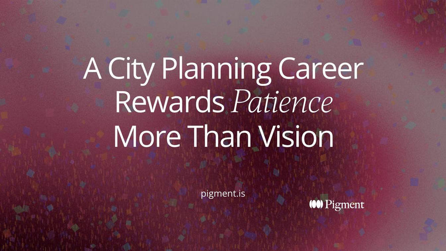 Abstract composition for a city planning career: rectangular blocks of different heights on a thin baseline, joined by a long gentle path, in peach, mint and lavender on cream.