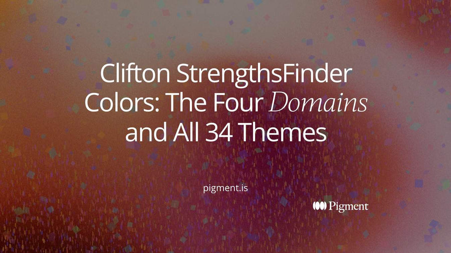 Abstract composition of four soft color fields for the Clifton StrengthsFinder colors, one for each CliftonStrengths domain.
