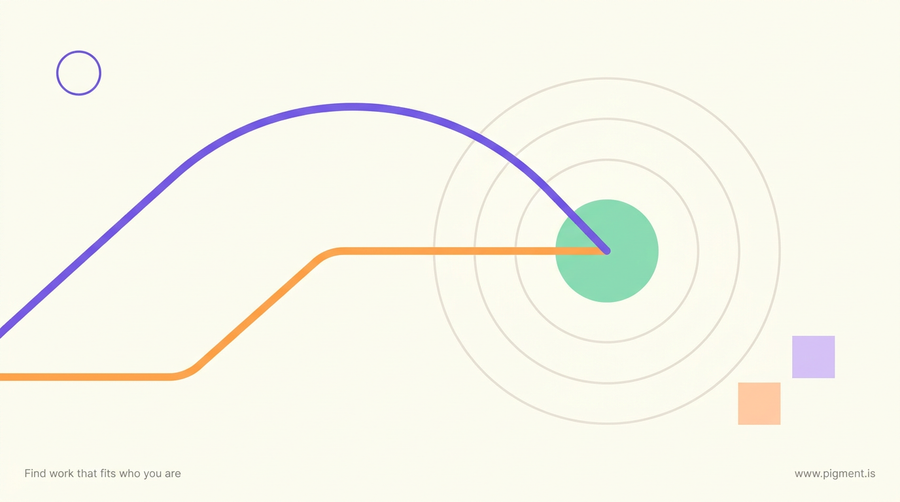 Abstract composition for Clifton StrengthsFinder Harmony: two curved lines, one violet and one warm orange, travelling apart and meeting at a single mint circle on a warm cream background