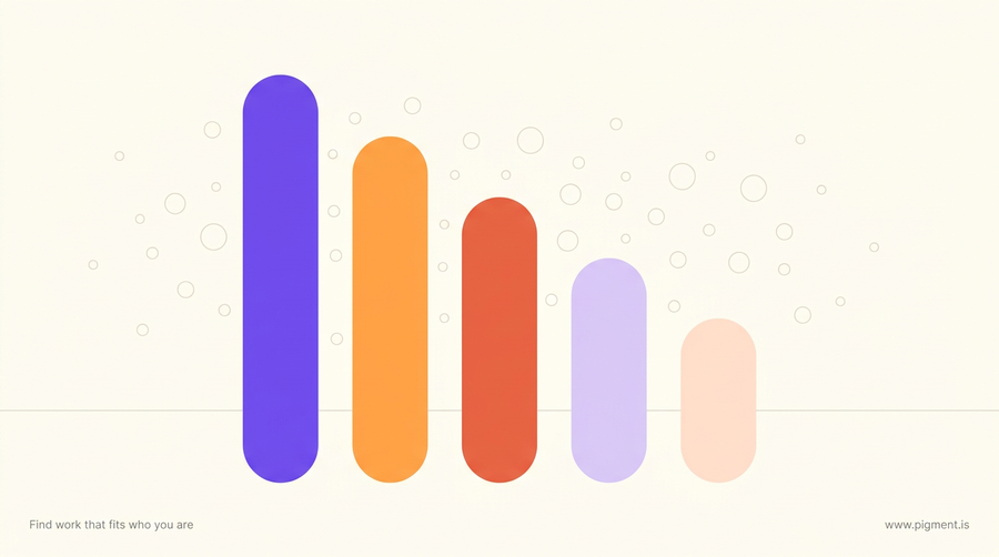 Abstract flat vector composition on warm cream: five tall rounded pillars of stepping height in violet, orange and coral, with a loose field of small pale circles behind them.