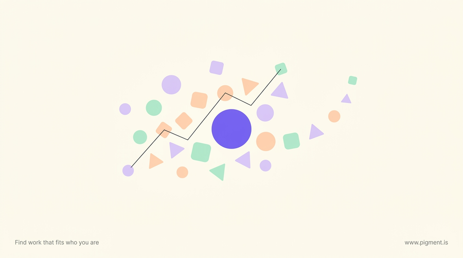 Abstract warm-toned geometric constellation of small lavender, peach, and mint shapes rising across a cream background, evoking the quick reasoning a cognitive aptitude test measures.