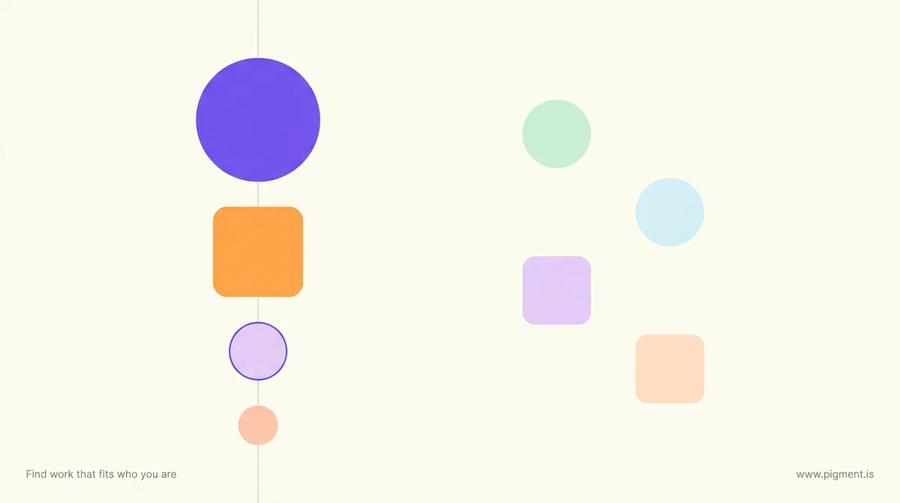 Abstract composition of eight geometric marks in warm cream, lavender, peach and mint, four of them stacked in descending size to suggest a Myers-Briggs cognitive function stack