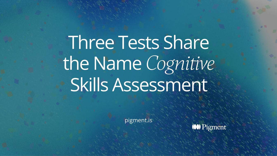Abstract cover for a cognitive skills assessment guide: three clusters of shapes under one shared line, for the hiring test, clinical screen, and brain game