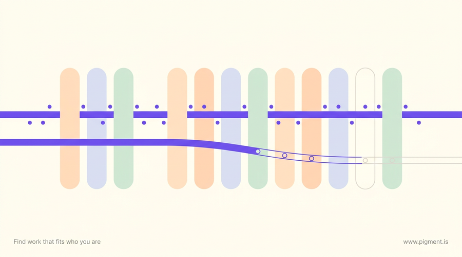 Abstract composition on warm cream: similar rounded peach, lavender, and mint forms as employers, threaded by two violet ribbons, one full and steady, one thinning to an outline, so the same company sustains one person and drains another