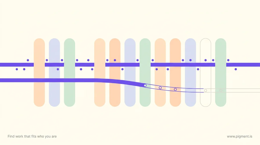 Abstract composition on warm cream: similar rounded peach, lavender, and mint forms as employers, threaded by two violet ribbons, one full and steady, one thinning to an outline, so the same company sustains one person and drains another