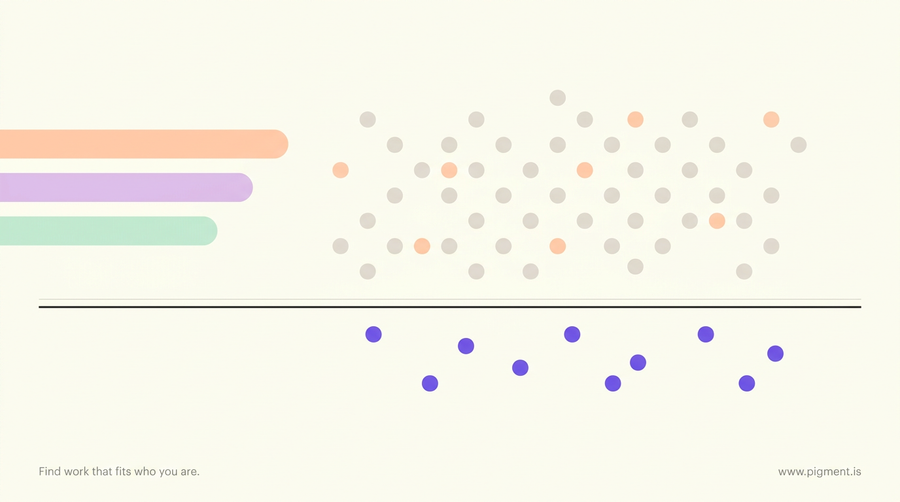 Abstract composition of a single horizontal charcoal line across a cream field, a dense scatter of dots above it and a small cluster of violet dots below, standing for the floor a computer literacy skills assessment finds