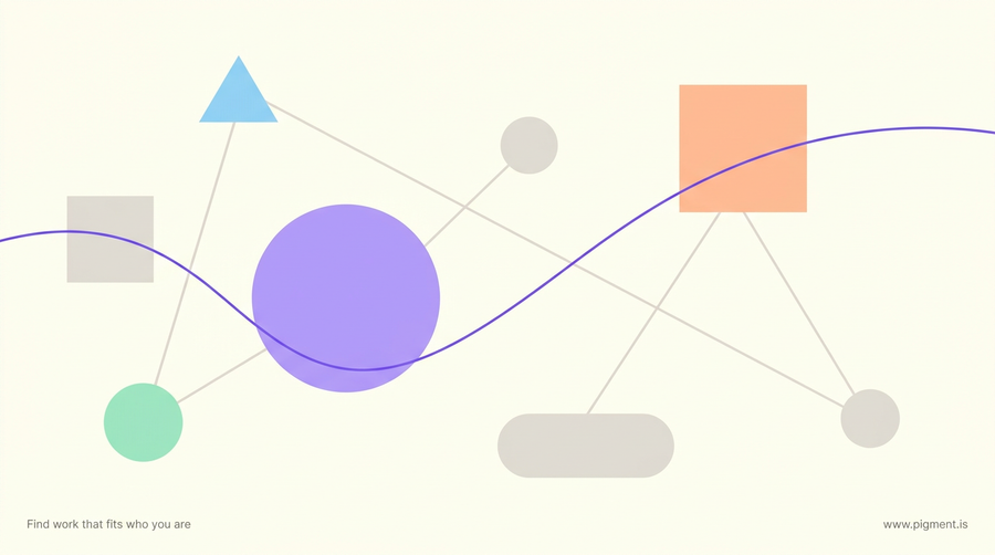 Abstract geometric composition on cream: separate circles, squares, and triangles joined by thin threads into one loose web, evoking the Connectedness StrengthsFinder theme.