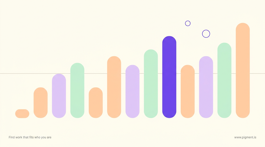 Abstract geometric composition in peach, lavender and mint on warm cream, with vertical rounded forms of widely varying heights suggesting the wide price range in the cost of DISC assessment.