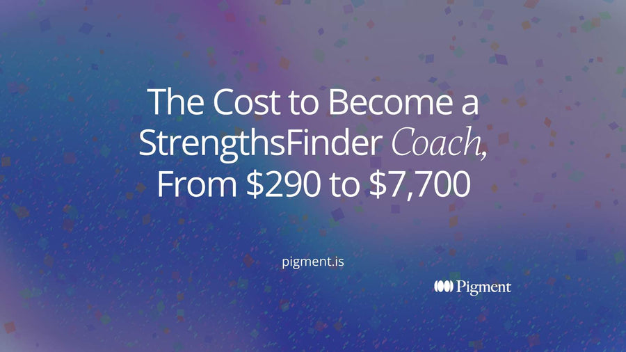 Abstract cover for a guide to the cost to become a StrengthsFinder coach, with stepped peach, lavender and mint blocks rising from small to tall on cream