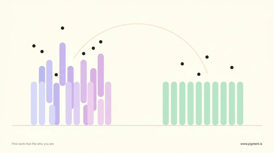 Abstract geometric composition in warm Pigment tones, a cluster of tall uneven lavender pills beside a cluster of even mint pills, suggesting two nursing career rhythms on a cream background.