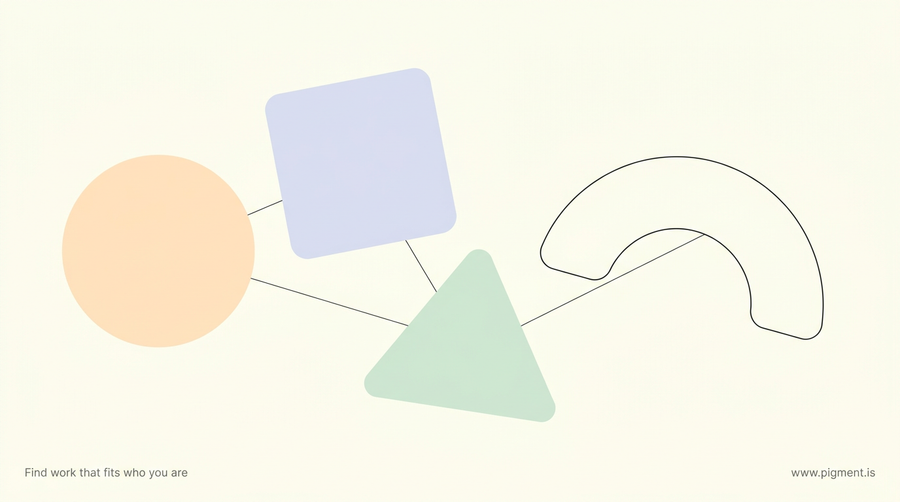 Abstract Pigment illustration: four soft geometric shapes in peach, lavender and mint on cream, one drawn as an outline only, standing in for the four parts of the Career Direct assessment.