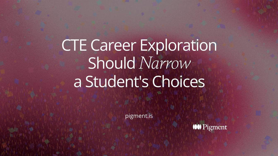 Abstract composition on warm cream: many small pastel tiles on the left drift along a narrowing band into one violet column on the right, suggesting CTE career exploration narrowing to one pathway