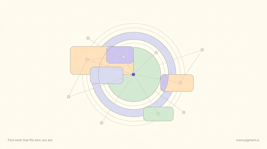 Abstract geometric constellation in warm peach, lavender and mint on cream, linked nodes suggesting the layered nature of a cyber skills assessment.