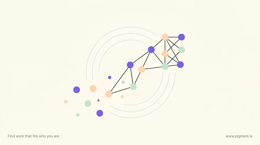 Abstract constellation of violet, peach, and mint dots resolving into a rising path on warm cream, evoking raw data organizing into insight, a data analytics skills assessment.