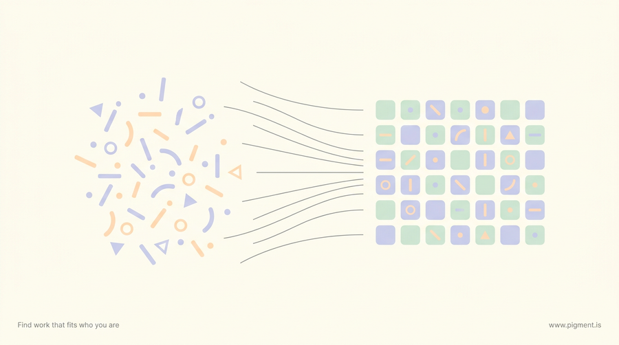 Abstract flat-vector artwork: scattered lavender and peach shapes on a cream field resolve into an orderly mint grid, evoking an invented language becoming a learnable pattern.