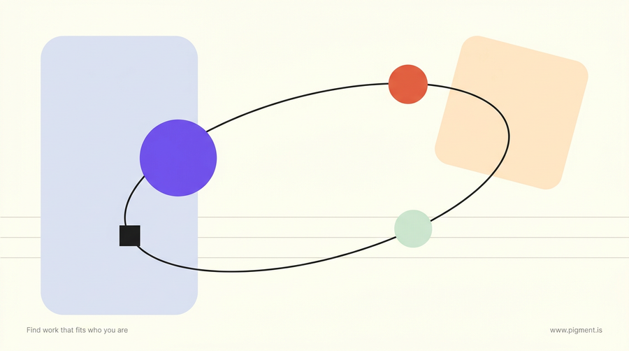 Abstract geometric composition for the DEVASC v1.0 skills assessment: three coloured nodes on a wide elliptical orbit that returns to its starting point, on warm cream