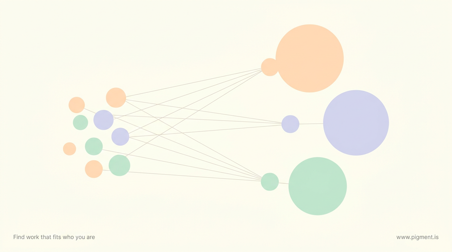 Abstract Pigment illustration for the Developer Gallup StrengthsFinder theme: small circles growing into larger ones in warm peach, lavender and mint on cream, suggesting potential grown in people.