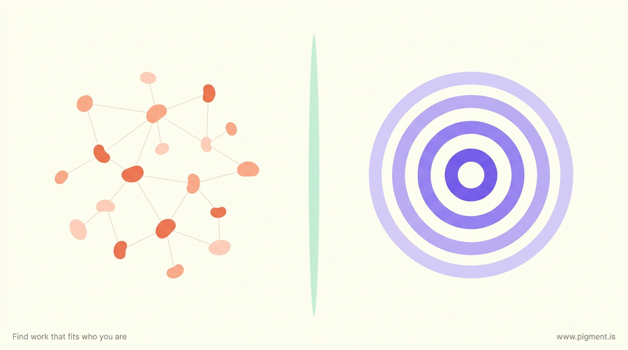 Abstract Pigment illustration of two ways of reading a person, a peach and coral constellation of visible behavior beside nested lavender rings of inner preference, split by a thin mint seam on a warm cream field.