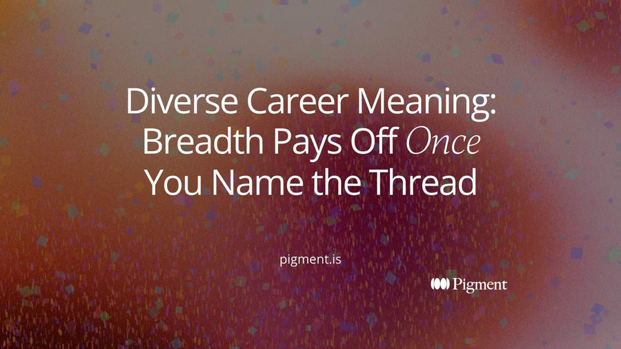 Abstract cover for diverse career meaning: scattered shapes in peach, lavender, and mint joined by one thin continuous line, showing a varied career tied by a single thread.