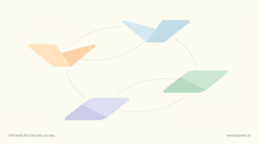 Abstract Pigment-palette hero: four simple angular wing-like geometric shapes in peach, ice blue, mint green and lavender floating on a warm cream field, joined by thin gray arcs, suggesting four temperaments in one family.