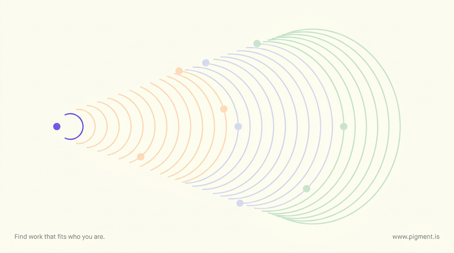Abstract composition on warm cream: a small violet dot on the left sends out a rising sequence of gentle concentric arcs in peach, lavender and mint that grow fuller toward the right, like a sound modeled and echoed back