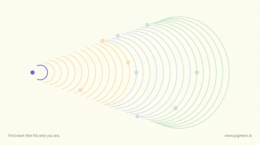 Abstract composition on warm cream: a small violet dot on the left sends out a rising sequence of gentle concentric arcs in peach, lavender and mint that grow fuller toward the right, like a sound modeled and echoed back