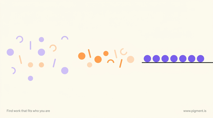 Abstract geometric composition on warm cream: loosely scattered small marks on the left gradually aligning until they settle as an even row of circles on a single line at the right