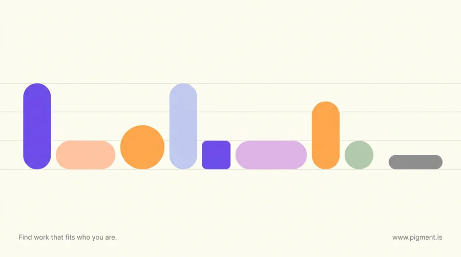 Abstract composition of nine geometric forms of different sizes and colours arranged in a loose row, standing for the nine separate EEI aptitude test batteries