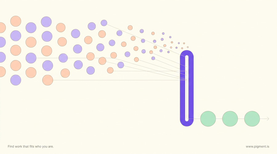 Abstract flat-vector composition on cream: a dense field of small lavender and peach circles draining toward a thin violet channel, with three mint circles moving the other way, showing energy spent and energy returned.