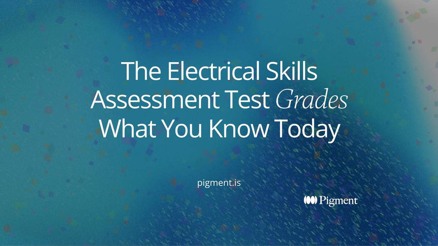 Abstract cover for an electrical skills assessment test guide: a thin charcoal circuit line passing through peach, ice blue and mint nodes on cream.