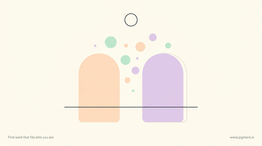 Abstract warm geometric hero for the electrical training alliance aptitude test: two rounded pillar forms in peach and lavender with a threshold line and scattered question dots on cream.
