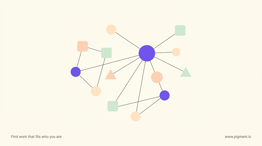 Abstract warm-cream illustration of a violet, peach, and mint geometric constellation linked by thin charcoal lines, evoking the reasoning capacity an aptitude test measures.