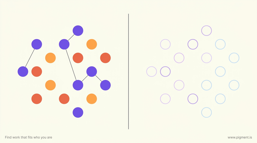 Abstract geometric hero for an emotional aptitude test article: two fields of circles on warm cream, one filled and marked, one drawn as open outlines, divided by a single thin vertical rule