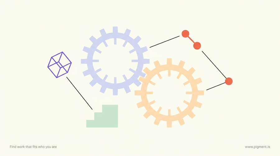 Abstract flat-vector composition of two meshing gear circles and small geometric reasoning shapes in peach, lavender, mint, and violet on a warm cream background, evoking an engineering aptitude test.
