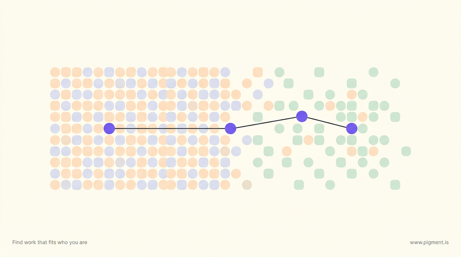 Abstract geometric hero: a tight ordered grid of small peach and lavender shapes loosening into an open mint cluster, joined by a thin line, in the warm Pigment palette on cream.