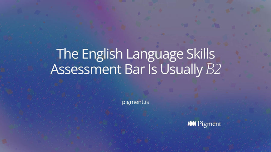 Abstract cover for a guide to the English language skills assessment: six rising steps for the CEFR levels with a line at the fourth step, B2, the level most jobs that use English daily ask for