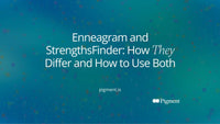 Abstract cover for a guide to Enneagram and StrengthsFinder: a ring of nine small circles beside a ranked column of bars, joined by one thin line.