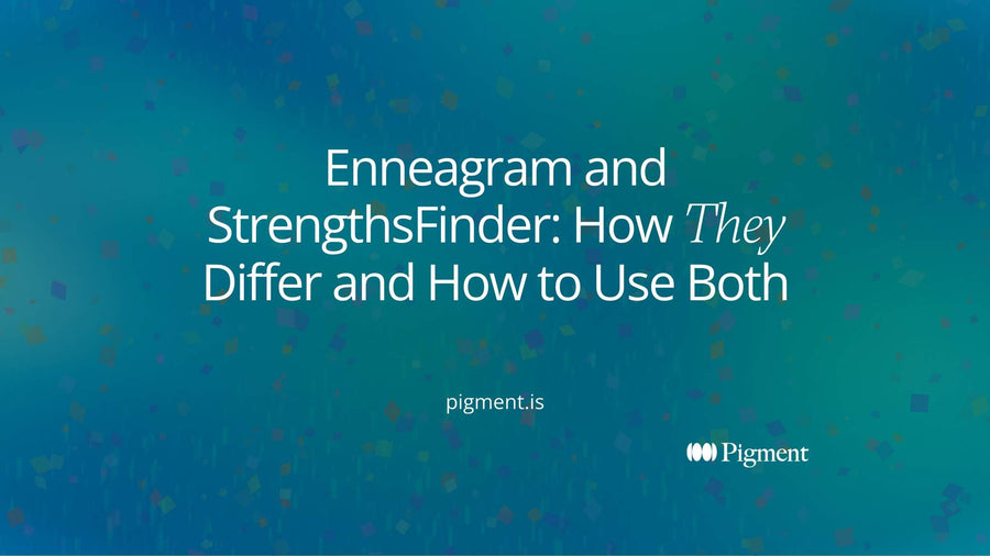 Abstract cover for a guide to Enneagram and StrengthsFinder: a ring of nine small circles beside a ranked column of bars, joined by one thin line.