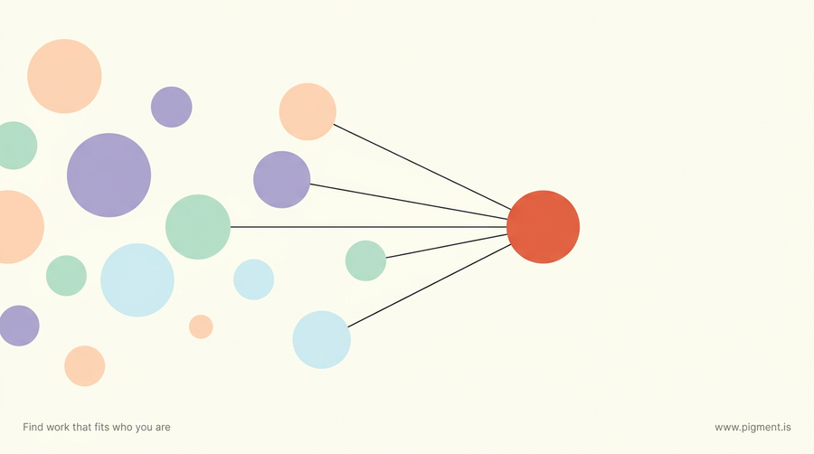 Abstract warm composition of many small circles of different sizes drifting toward one larger circle, standing for choosing the enneagram test that fits you among the many available