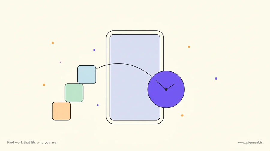 Abstract Pigment illustration for the Epic career test: an upright card, a numberless clock face, and rising step-squares in cream, violet, peach and mint, evoking a timed skills assessment.
