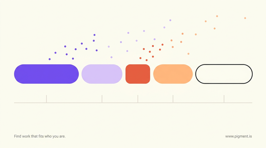 Abstract band of five geometric forms on cream, four filled in violet, lilac, coral and peach and the fifth left as an empty outline, standing for the four blocks of the Epic project manager skills assessment