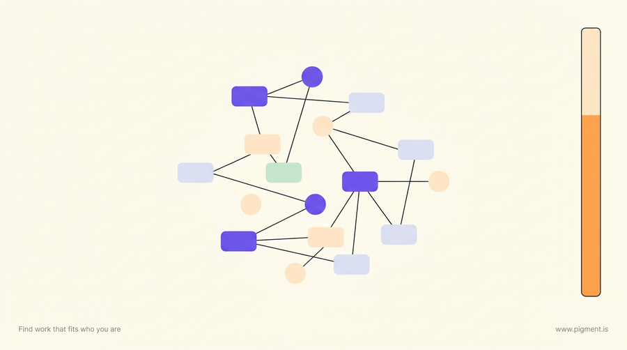 Abstract geometric constellation of problem tiles linked by thin lines beside a partly filled vertical timer bar, evoking the timed Epic Skills Assessment Test a software developer sits.