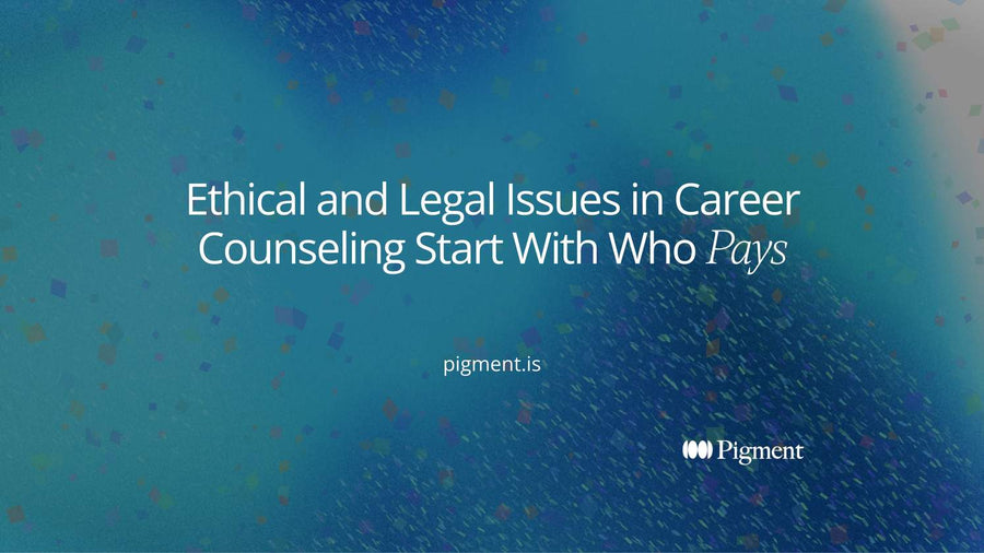 Abstract cover for ethical and legal issues in career counseling: a peach circle for the client and a lavender circle for the payer, joined by a thin line