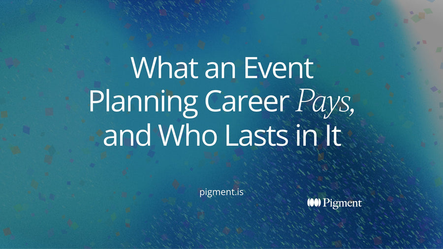 Abstract geometric composition: a long run of small pale rectangles compressing into three tall violet columns against a single vertical line, representing the quiet build months and the fixed date of an event planning career