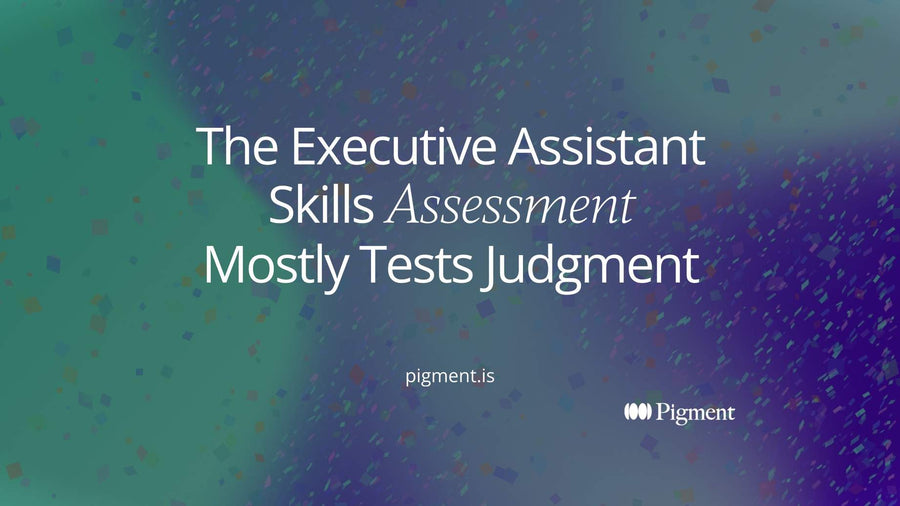 Abstract cover for an executive assistant skills assessment guide: six tiles in a row, the last two filled and larger to show judgment carries the most weight