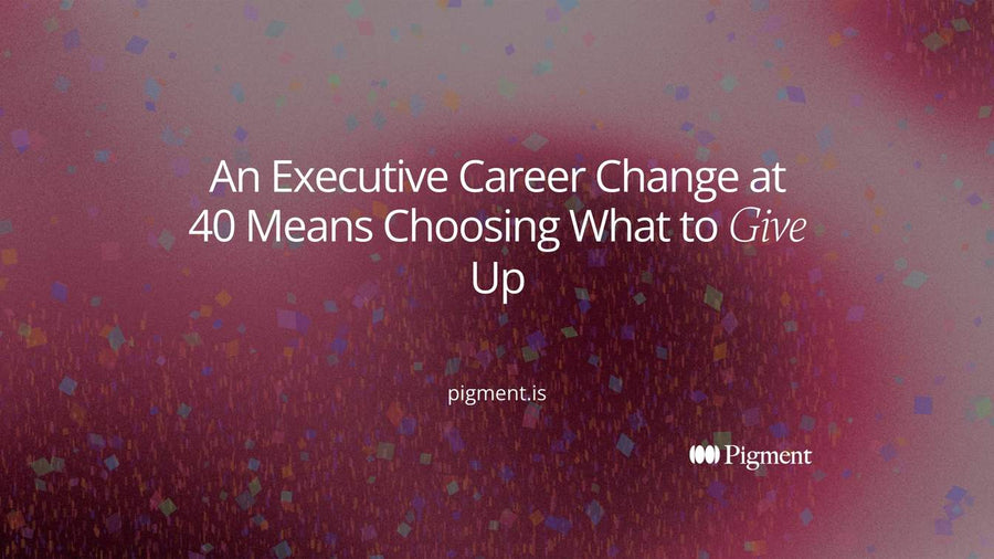 Abstract composition on warm cream for an executive career change at 40: three rounded columns in peach, lavender, and mint, two standing firm and one deliberately lowered, suggesting a chosen trade